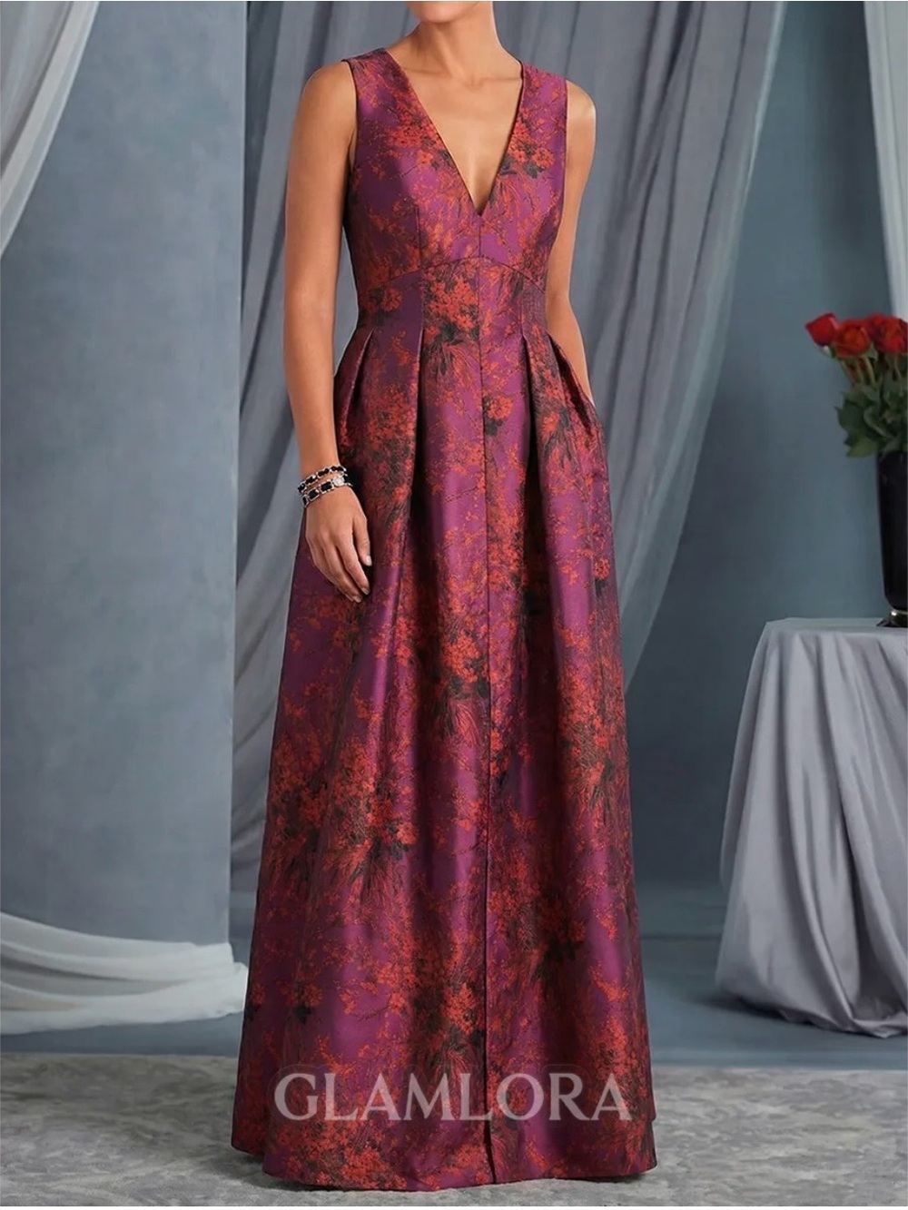 Plum & Red Floral V-Neck Maxi Dress